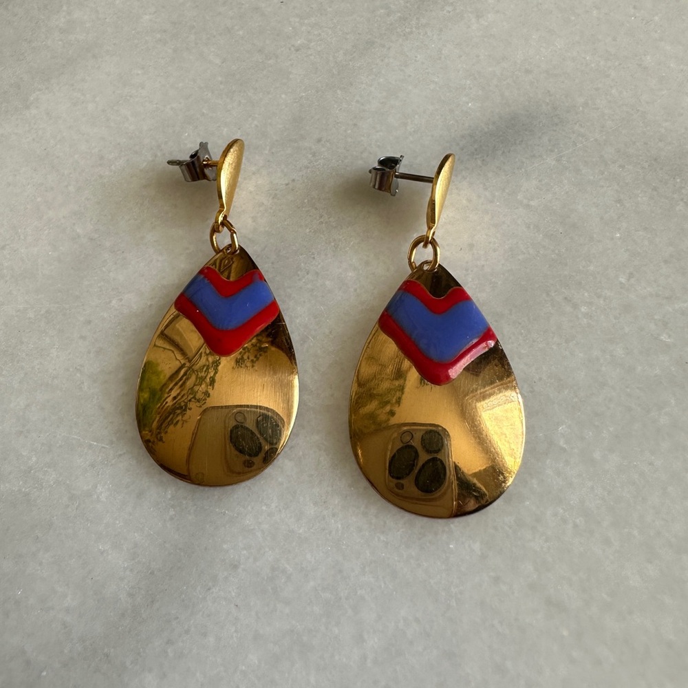 VINTAGE • Chevron Dangle Drop Earrings Gold Tone Bohemian Handmade Artsy Studs